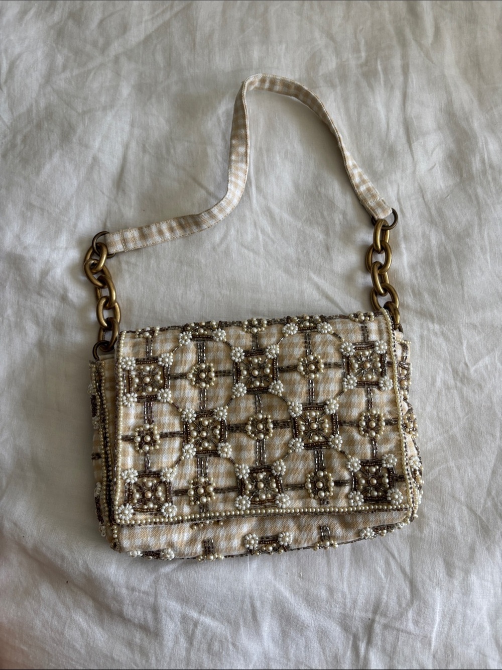 Zara Cream and Brown Beaded Satchel